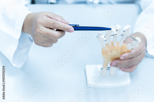 Orthopedist explain to the patient for human hand and fingers bone injury treatment program.Doctor showing to finger bones anatomy to gout patient.Physiotherapy present hand model for injured athlete.