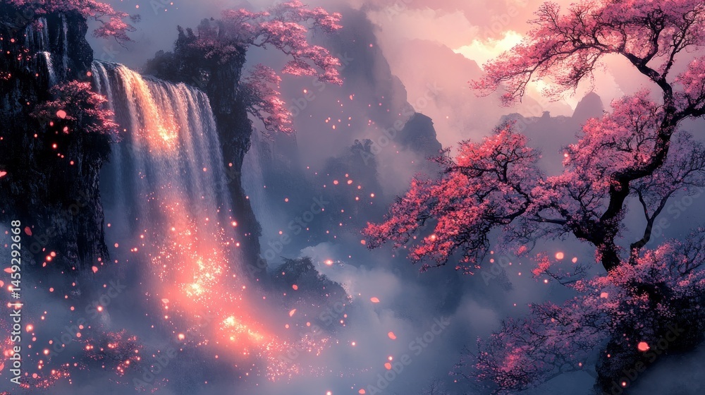 Fototapeta premium Magical waterfall cascading down misty mountains, illuminated by pink blossoms and glowing particles at sunset.