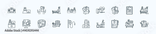 Hospital management thin icon set containing hospital,reception,patient care,hospital bed,nursing
