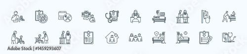 Hospital management thin icon set containing Pain Management,infection control,diet plan,outpatient,medical history
