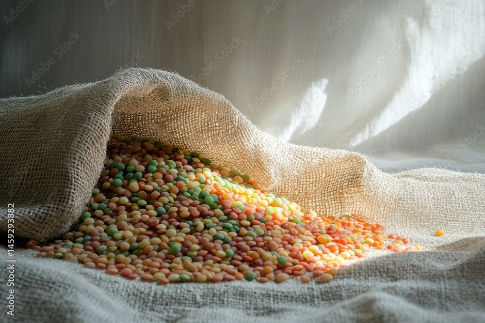 A burlap sack overflowing with colorful lentils, showcasing a vibrant harvest. A burlap sack overflowing with colorful lentils, showcasing a vibrant harvest.