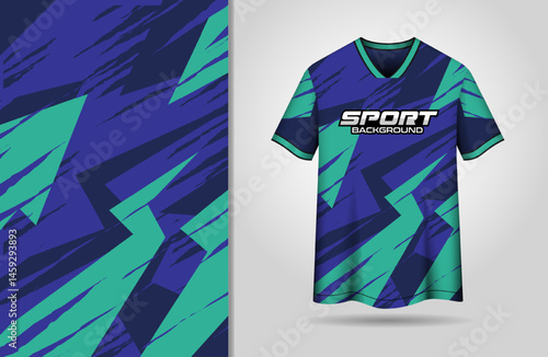 Sports jersey design with dark blue and teal green grunge background