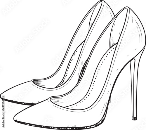 High heels, Type or Types of Shoes, Black and White Vector Illustration, Sketch Drawing Line Linear Symbol Icon Engraving, Hand-drawn Isolated