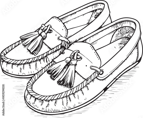 Moccasins, Type or Types of Shoes, Black and White Vector Illustration, Sketch Drawing Line Linear Symbol Icon Engraving, Hand-drawn Isolated