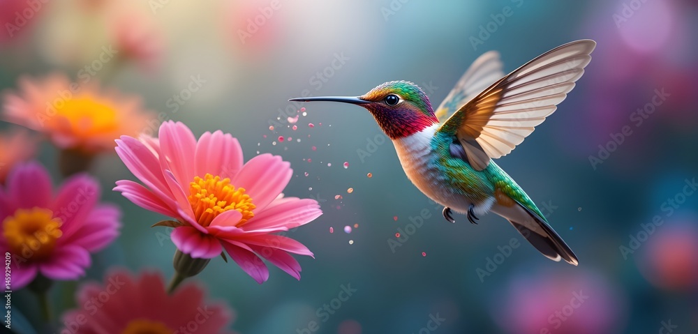 Fototapeta premium A generative AI illustration of a small hummingbird with vibrant plumage, hovering near a cluster of colorful blooming flowers, set against a softly blurred background.