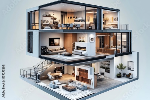 Modern Two Story House 3D Cutaway Illustration