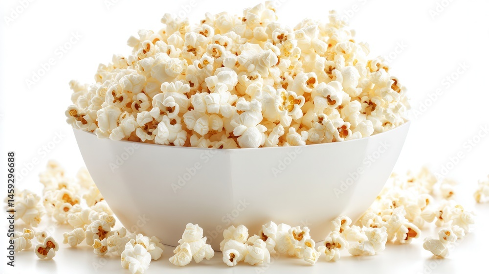 Fluffy Popcorn in White Bowl on White Background Fluffy Popcorn in White Bowl on White Background
