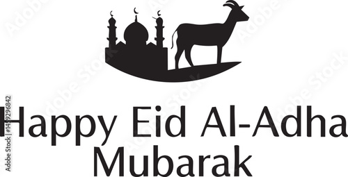 Happy Eid al-Adha Greeting Card Vector with Goat, Crescent Moon, and Stars, Islamic Holiday Celebration, Hajj Festival Design, Muslim Religious Event Illustration, Eid Mubarak Decor