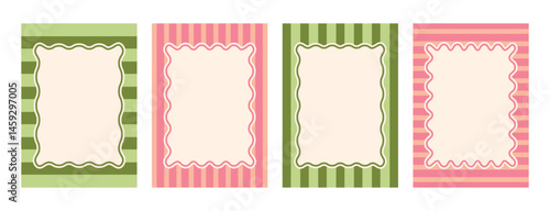 Set of striped pink and green backgrounds with frame, text field. Scalloped wavy frame on pink, green background. Horizontal template for text fields, invitations, advertisements, labels.