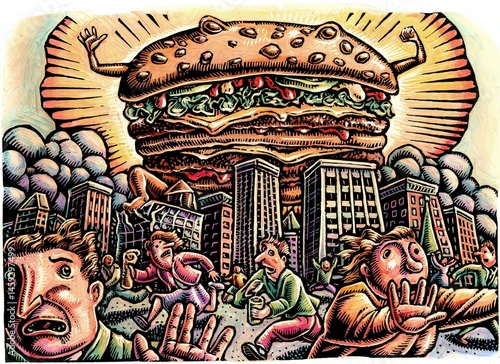 Canvastavla giant hamburger rises over a cityscape as people flee
