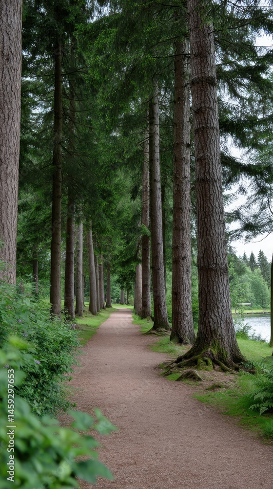 Fototapeta premium Path Through a Serene Forest Lined with Towering Evergreen Trees and Lush Greenery