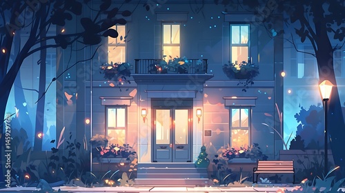 simple house at night with glowing windows, colorful anime style