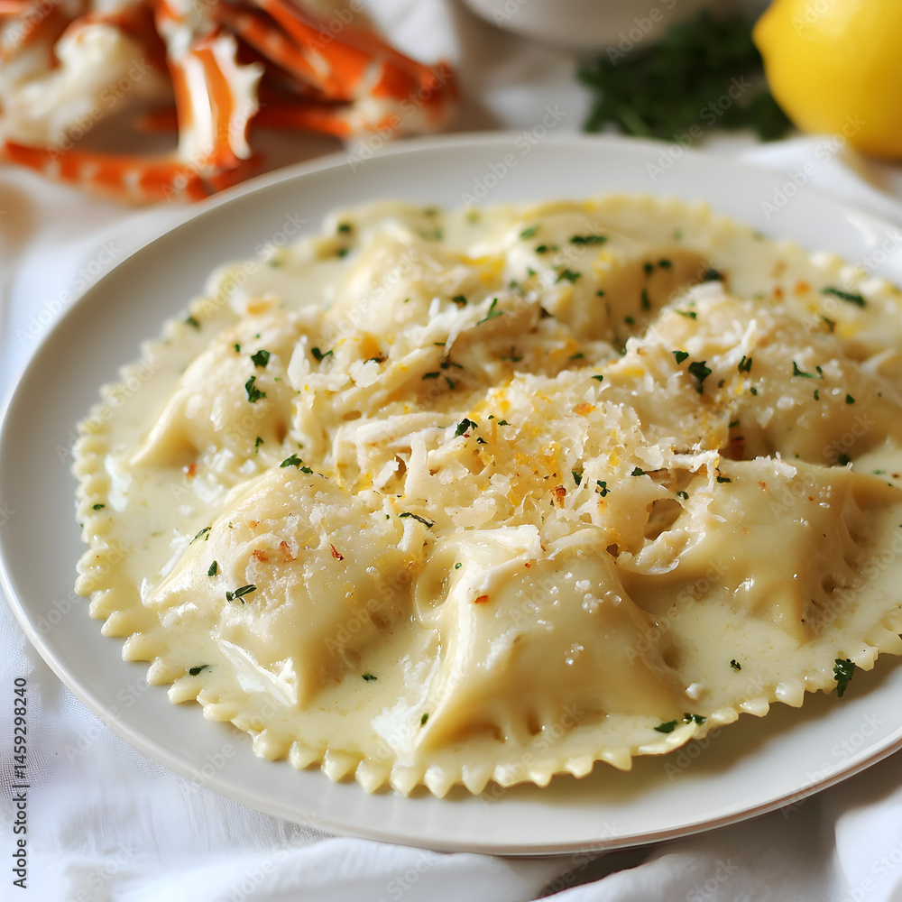A Cheesy Crab Raviioli with a Lemon Cream Sauce A Cheesy Crab Raviioli with a Lemon Cream Sauce