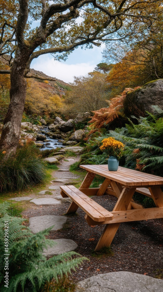 Obraz premium Scenic autumn landscape with wooden picnic table, path, vibrant ferns, and a babbling brook, creating a serene and idyllic woodland setting