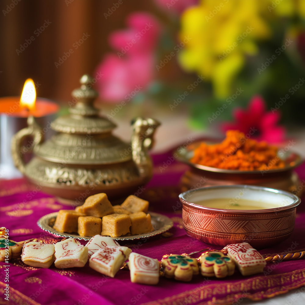 Naklejka premium A beautifully arranged Diwali sweets platter with traditional Indian desserts, dry fruits, and snacks, displayed on an ornate tray with festive lighting.