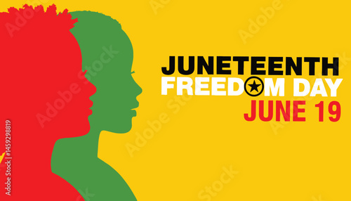 Juneteenth Freedom Day: A silhouette of two faces, one red and one green, against a bright yellow background with the words "Juneteenth Freedom Day, June 19" in bold white letters.  
