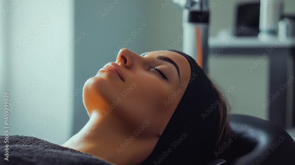 Fototapeta premium Facial rejuvenation session in a serene salon as a woman enjoys a calming face massage