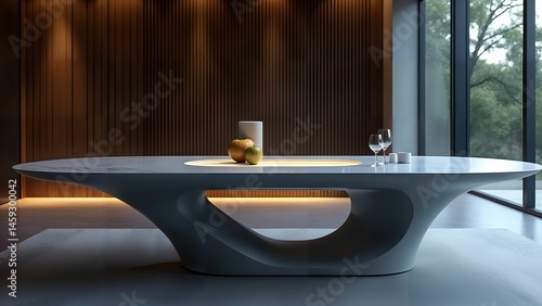 Visionary Futuristic Dining Table with Smart Materials and Embedded LED Accents in a Sophisticated, Artistic Interior