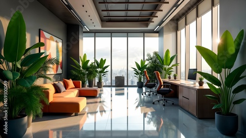A detailed depiction of a futuristic and elegant office interior enriched by lush greenery, minimalist design, and innovative lighting setup