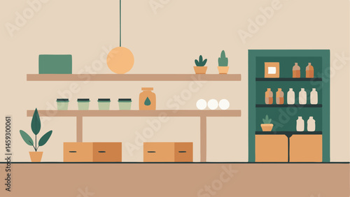 Minimalist Eco Store An interior view of a minimalist store with wooden shelves and minimal packaging filled with natural products.