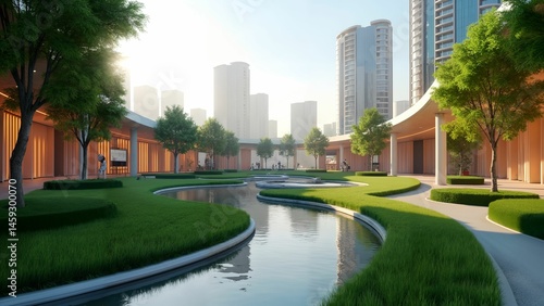Dynamic Futuristic Park Showcasing Renewable Innovation and Smart Environmental Design
