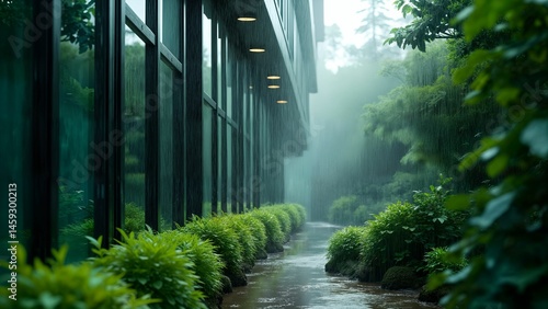 Cinematic Cybernetic Window Facade Merging Modern Technology with Nature Amid a Soft Cascading Rain in an Urban Frame