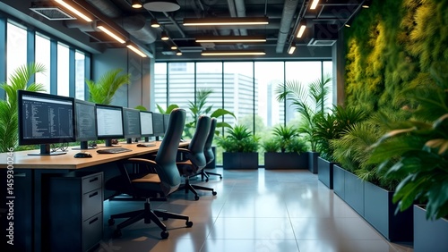 An inspiring state-of-the-art corporate workspace showcasing a futuristic ambiance with high-tech innovations, verdant greenery, and refreshing plant decorations for modern business environments