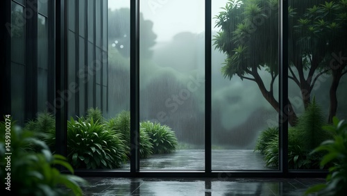 Cinematic Cybernetic Window Facade Merging Modern Technology with Nature Amid a Soft Cascading Rain in an Urban Frame