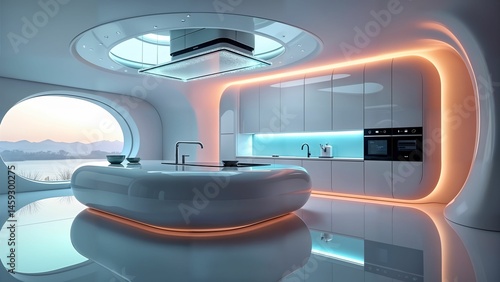 Futuristic Elegant Kitchen with Ethereal Organic Architecture, Integrated Smart Technology, and Vibrant Holographic Accents Merging Advanced Digital Interfaces with Classic Luxury