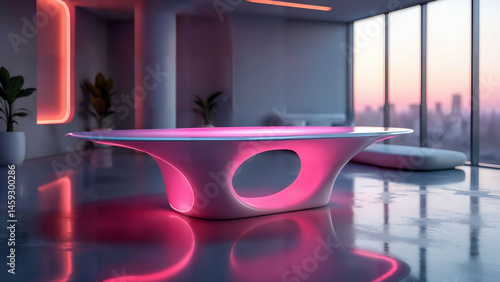 Creative Render of a Futuristic Dining Table with Abstract Curves, Neon Glow, and Advanced Modern Design Elements in a Spacious Setting