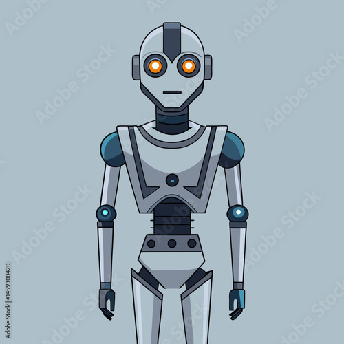 A friendly robot stands against a bright blue background, showcasing its metallic features and cheerful expression.