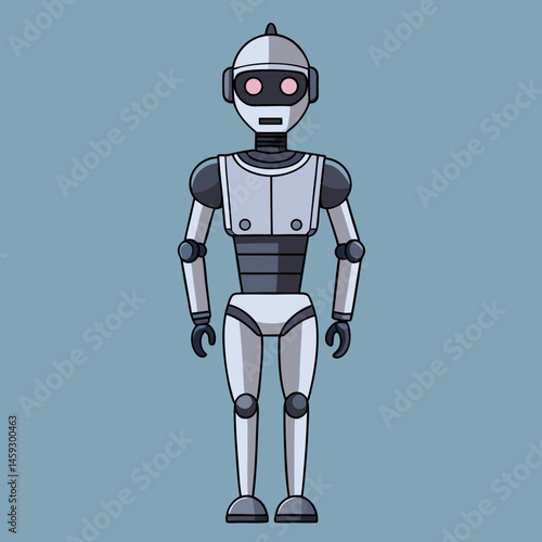 A friendly robot stands against a bright blue background, showcasing its metallic features and cheerful expression.