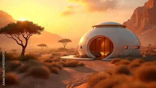 Hyper-Realistic Futuristic African Landscape Integrating Biotechnological Enhancements with Eco-Buildings and Luminous Desert Vistas