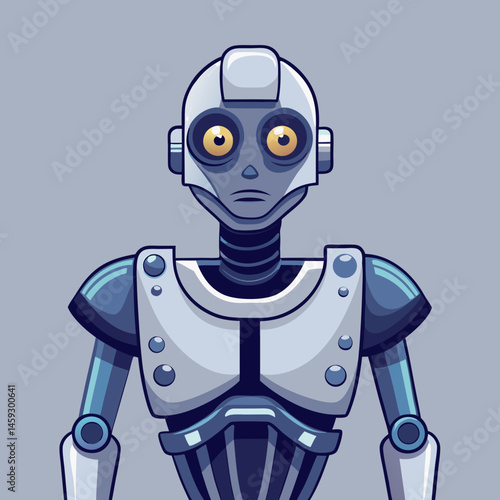 A friendly robot stands against a bright blue background, showcasing its metallic features and cheerful expression.
