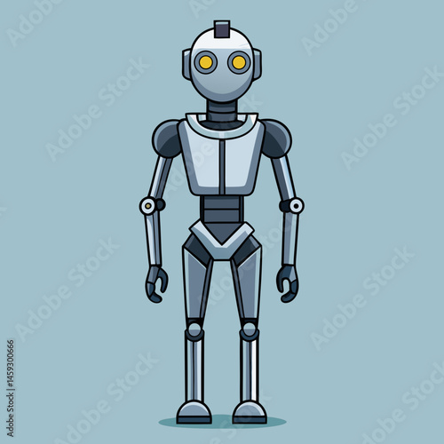 A friendly robot stands against a bright blue background, showcasing its metallic features and cheerful expression.