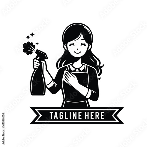 maid or cleaning service logo vector,black and white illustration of a woman wearing an apron holding a cleaning spray. suitable for housemaid job vacancy banners