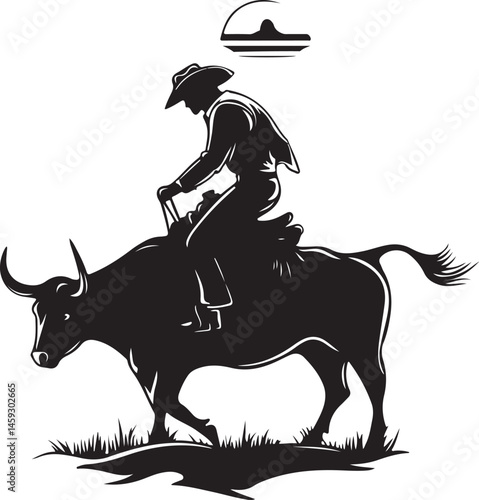 Silhouette of a Cowboy Riding a Bucking Bull