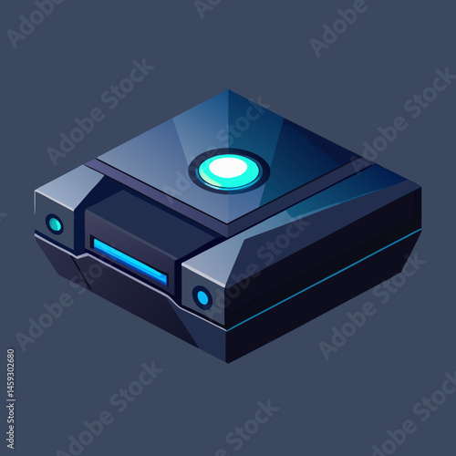 Isometric view of a video game console glowing with a blue light, showcasing its sleek design and modern features.