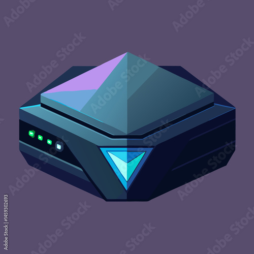 Isometric view of a video game console glowing with a blue light, showcasing its sleek design and modern features.