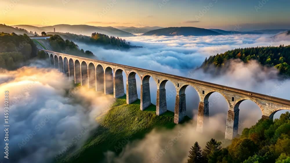 A Majestic Viaduct Bridge Soaring Above a Sea of Clouds at Sunrise A Majestic Viaduct Bridge Soaring Above a Sea of Clouds at Sunrise