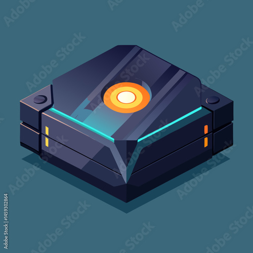Isometric view of a video game console glowing with a blue light, showcasing its sleek design and modern features.