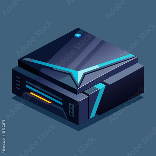 Isometric view of a video game console glowing with a blue light, showcasing its sleek design and modern features.