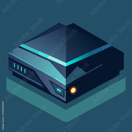Isometric view of a video game console glowing with a blue light, showcasing its sleek design and modern features.