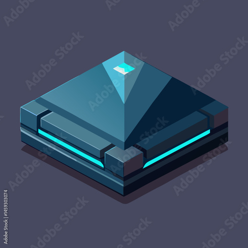 Isometric view of a video game console glowing with a blue light, showcasing its sleek design and modern features.