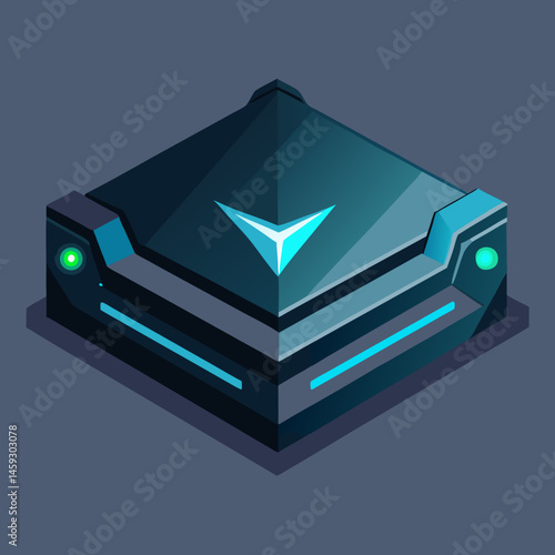 Isometric view of a video game console glowing with a blue light, showcasing its sleek design and modern features.