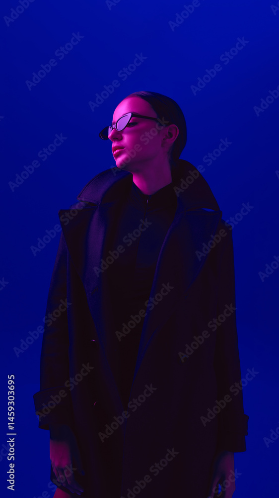 Portrait of young confident woman wearing sunglasses and black coat, posing against blue background in neon light. Concept of bold fashion, style, youth culture, self-expression