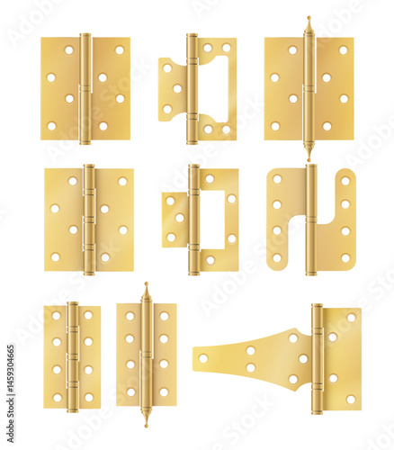 Golden door hinges construction hardware. Realistic set of gold tools for joint gates and windows metal hinges for house and furniture. vector
