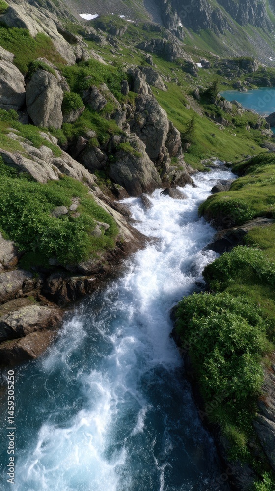 Mountain stream cascades through a rugged landscape with boulders and lush green vegetation flowing towards turquoise alpine lake Mountain stream cascades through a rugged landscape with boulders and lush green vegetation flowing towards turquoise alpine lake