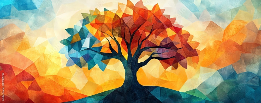 Geometric cubism oak tree painting, abstract expression with modern flair, angular foliage and trunk design, vivid color blocks, perfect for art prints and wall posters