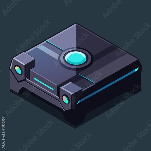 Isometric view of a video game console glowing with a blue light, showcasing its sleek design and modern features.